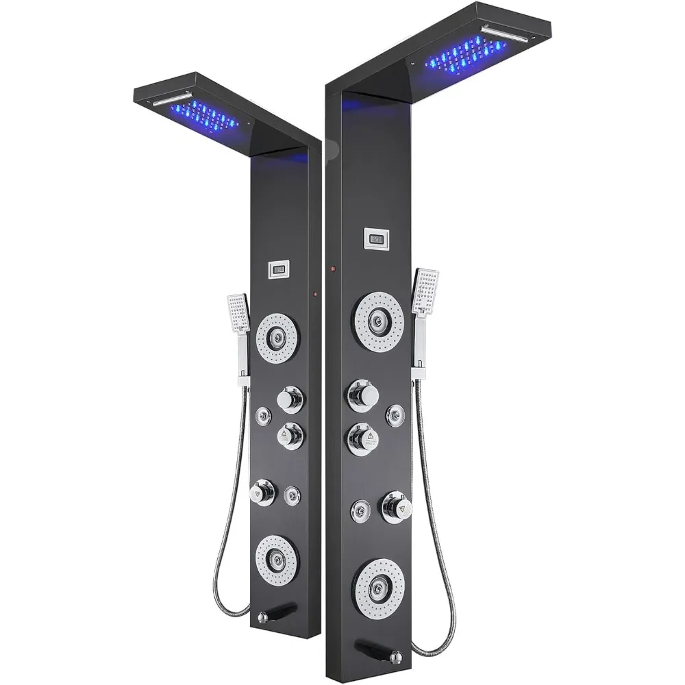 ELLO&ALLO Stainless Steel Shower Panel Tower LED Head Shower Faucet Rain Massage System with Body Jets, Black