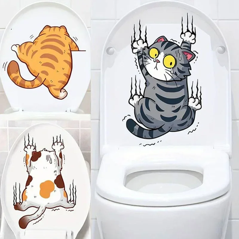 Wall Stickers 3 Pcs Cute Cat Climbing Toilet Decor Bathroom Mural Room Background Self-adhesive Decals