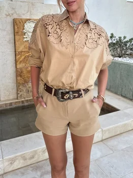 2-Colors Women 3D Lace Appliques Blouse Top Single Breasted Turn-down Collar Long Sleeve Elegant Ladies Cotton Shirt