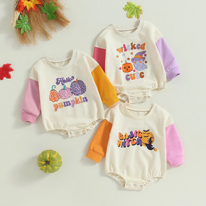 

Baby Girls Boys Sweatshirts Rompers Halloween Clothes Pumpkin Letter Print Contrast Color Long Sleeve Jumpsuits Toddler Clothing
