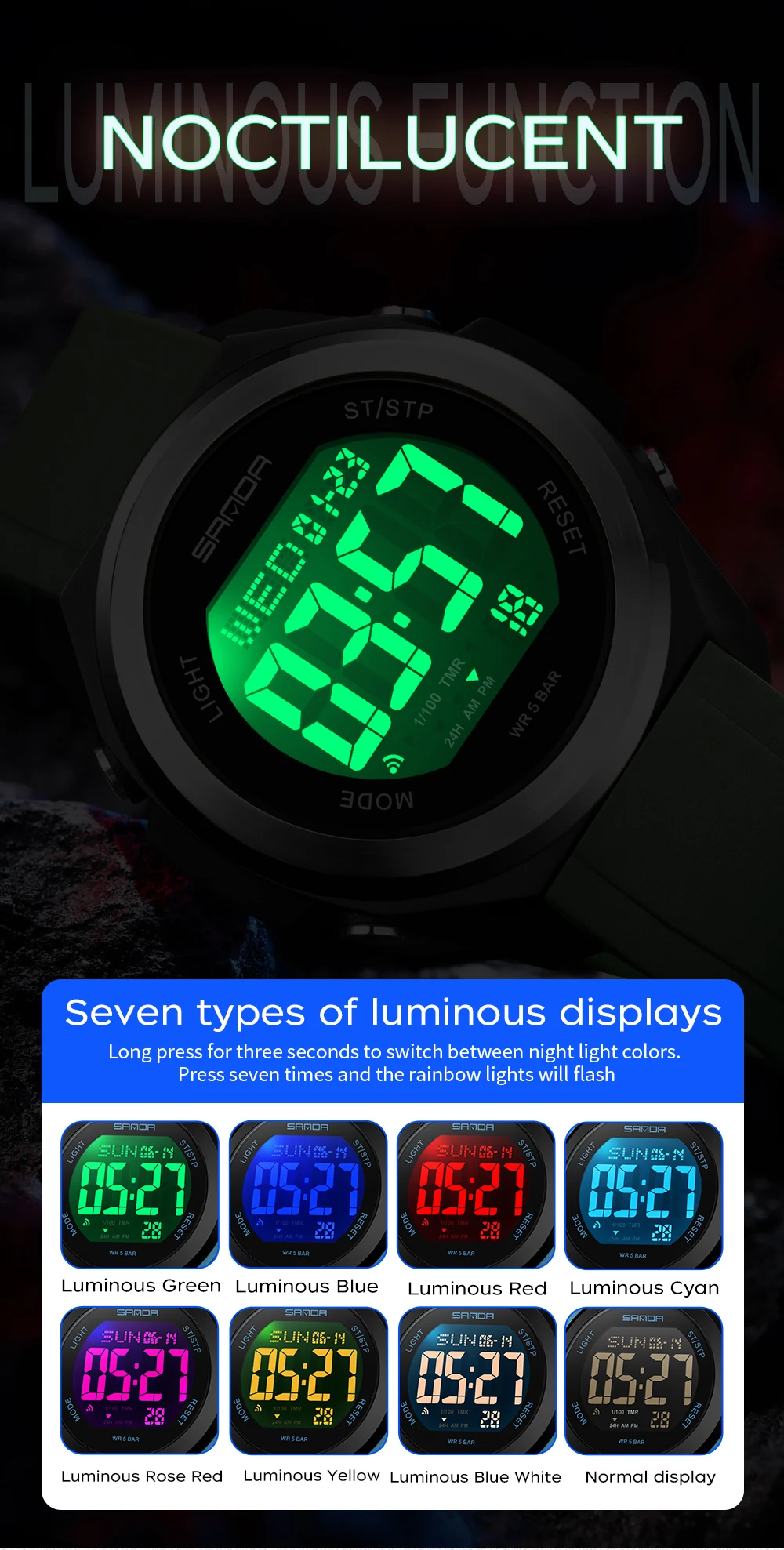Student Digital Electronic Watch Sports Multi Functional Waterproof Colorful LED Men's Electronic Watch_voghion.com
