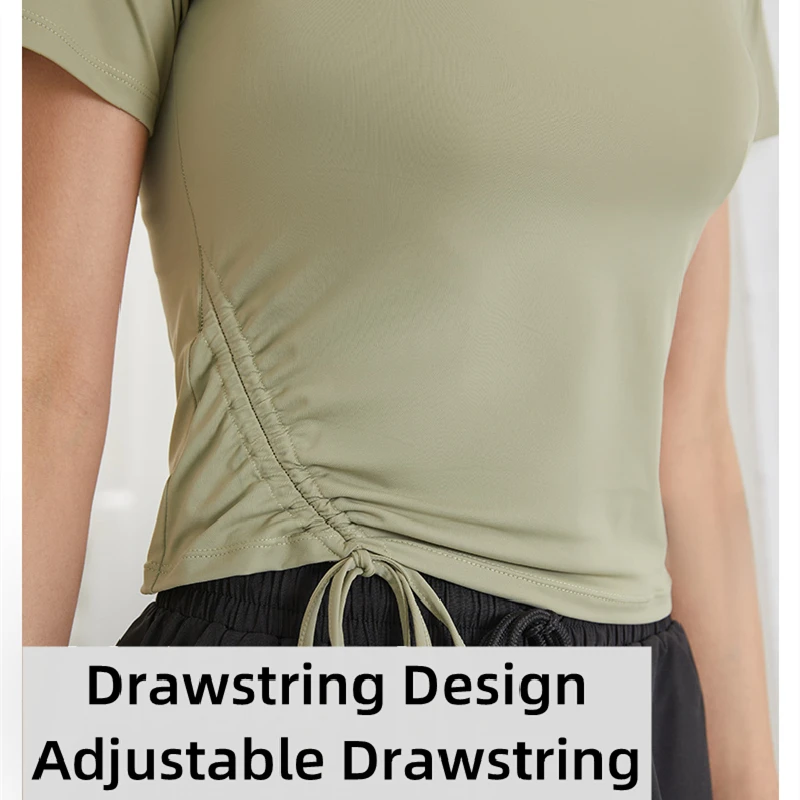 Sexy Fitness Women's Shirts Elastic Yoga Sport Tights Quick Drying T Shirt Gym Running Tops Lace Up Drawstring Short Sleeve Tees