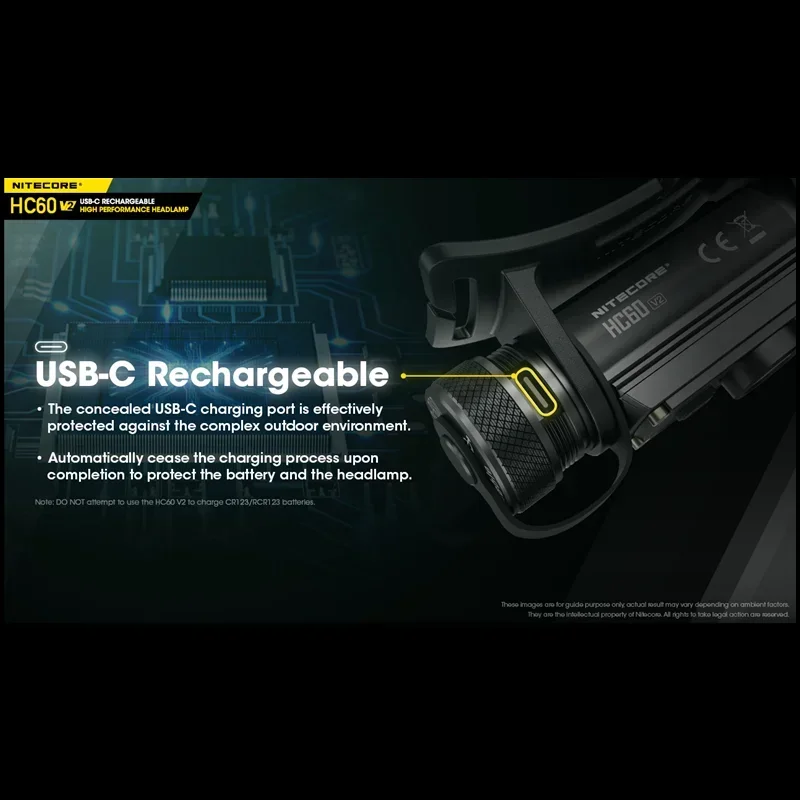 NITECORE HC60 V2 Headlamp 1200 Lumens Rechargeable Utilizes P9 LED Source 3400mah Battery
