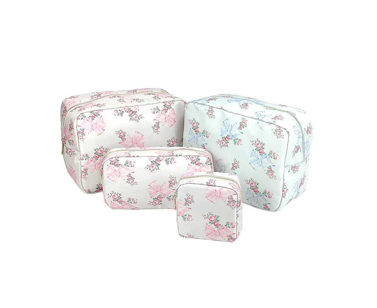 4 Sizes Cosmetic Bag Pink Blue Printed Bow Cosmetic Bag Waterproof Ladies Nylon Cosmetic Organizer S M L XL