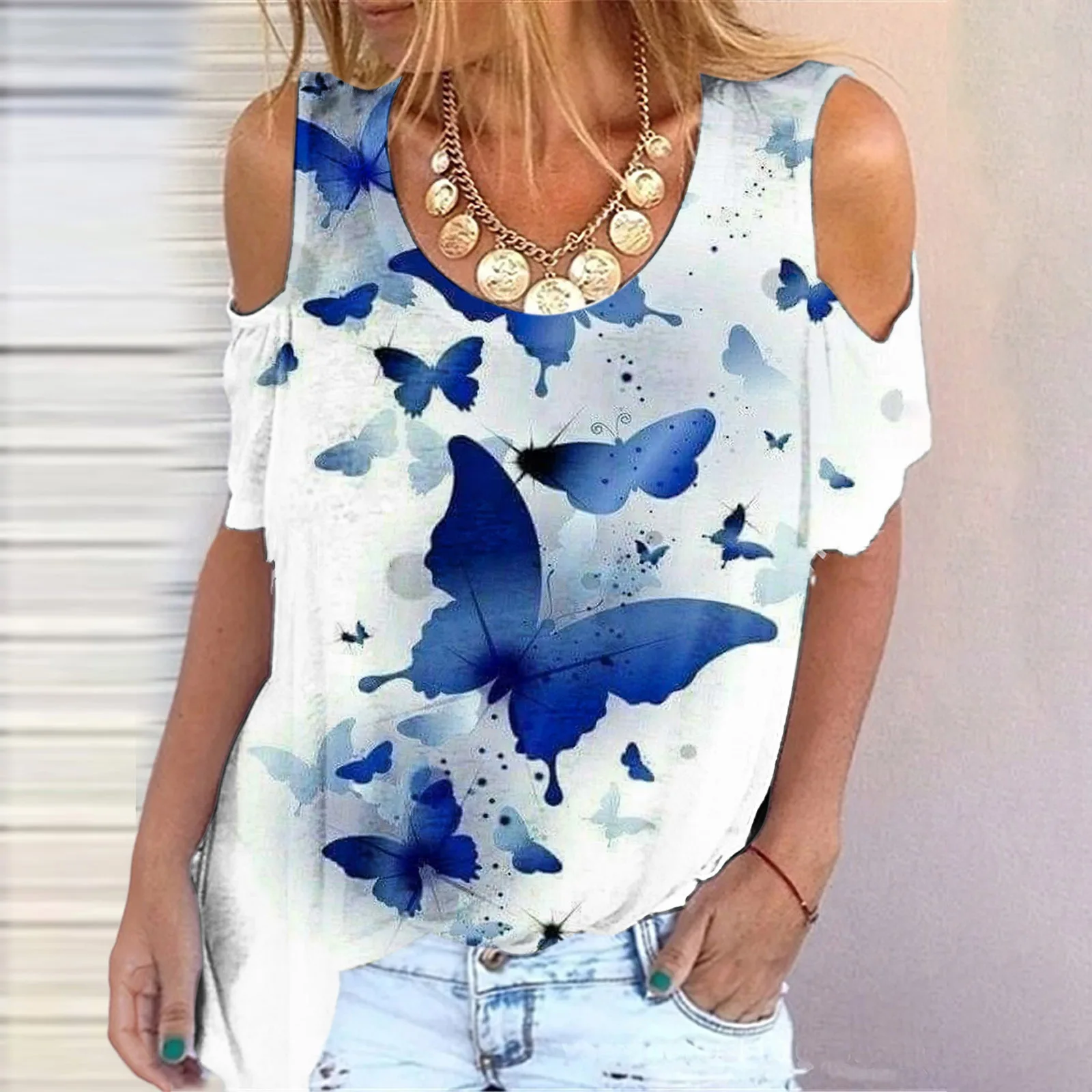 

2023 Summer Sexy Casual O-Neck Fashion Butterfly 3d Print T-shirts Women's Fashion Short Sleeve Oversized Tee Top Off Shoulder