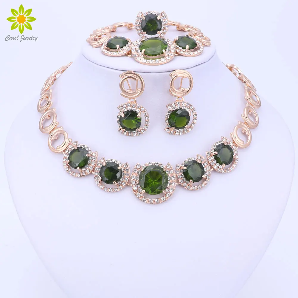 African Gold Color Luxury Bridal Jewelry Sets Wedding Round Green