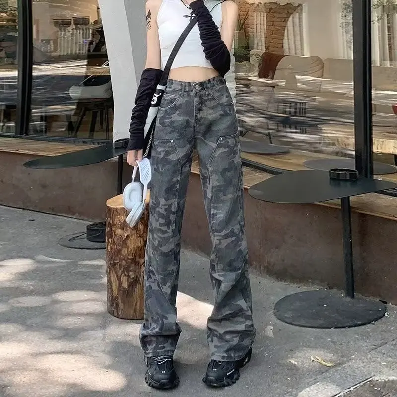 Camouflage Workwear Jeans Spicy Girl Xia Chunqiu High Waisted Wide Legged Loose Fitting, Slimming Floor Mop Pants In Fashion