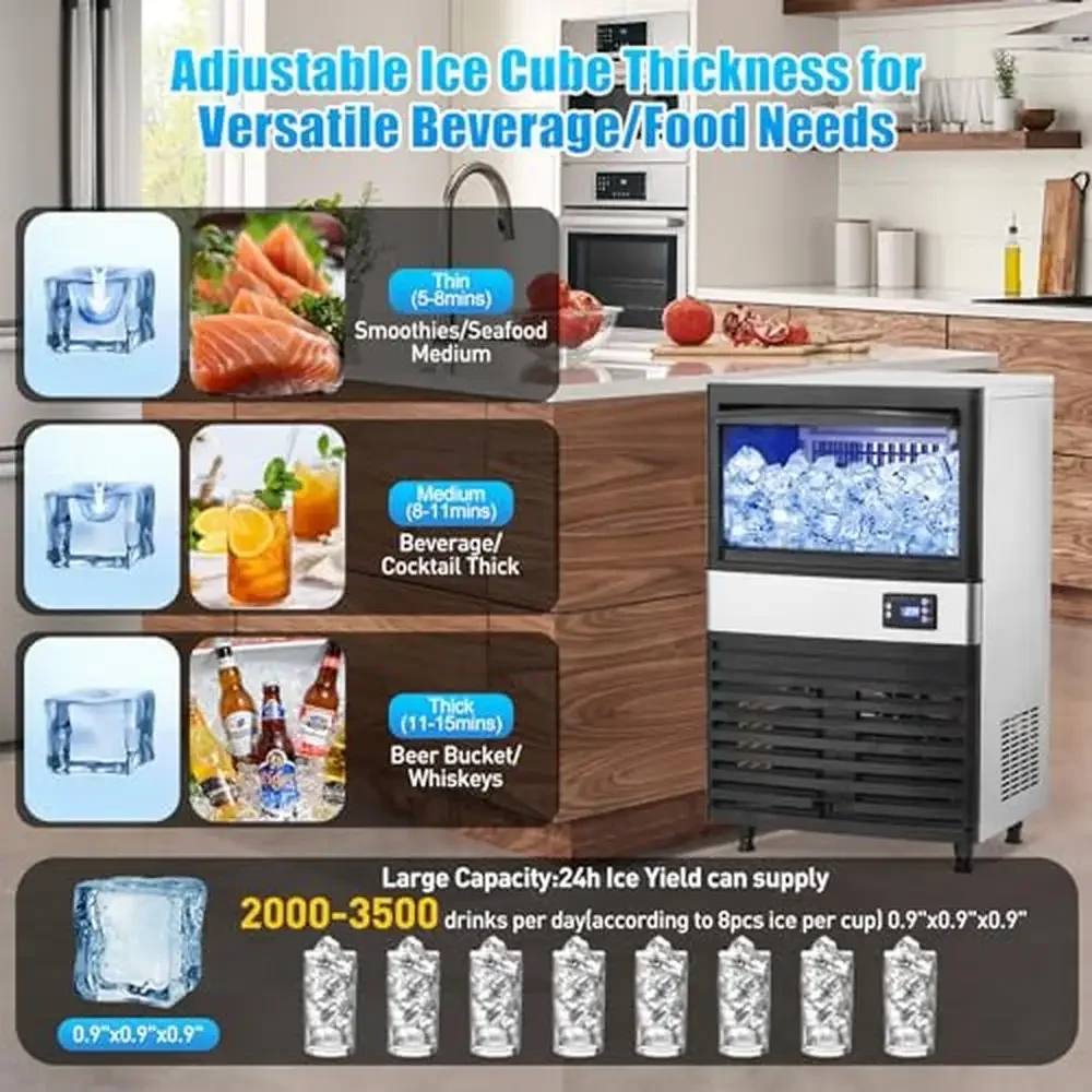 Commercial Ice Maker Machine 150LBS/24H Ice Machine with 30LBS Bin Drain Pump Water Filter and Scoop Blue Light 20" Premium 3