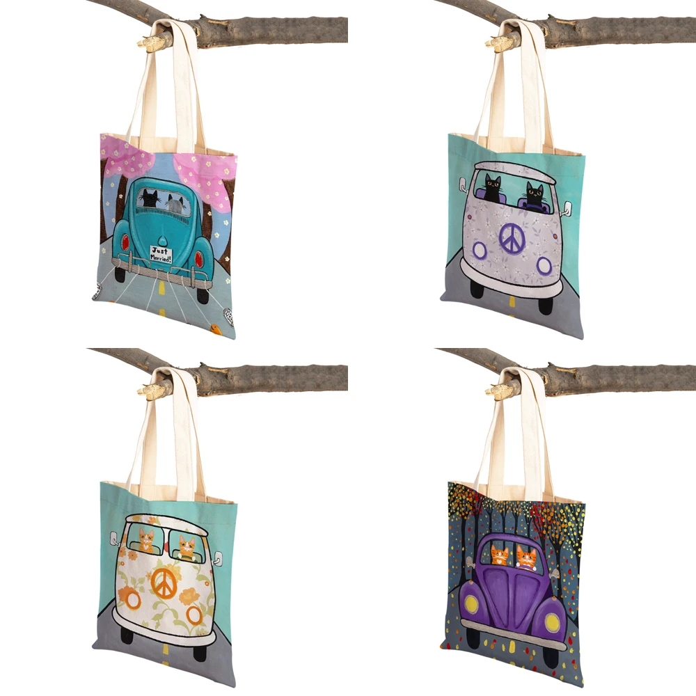 Fashion Cute Drive Car Cat Print Tote Handbag Pet Cartoon Animal Canvas Foldable Reusable Cloth Lady Shopping Shoulder Bag