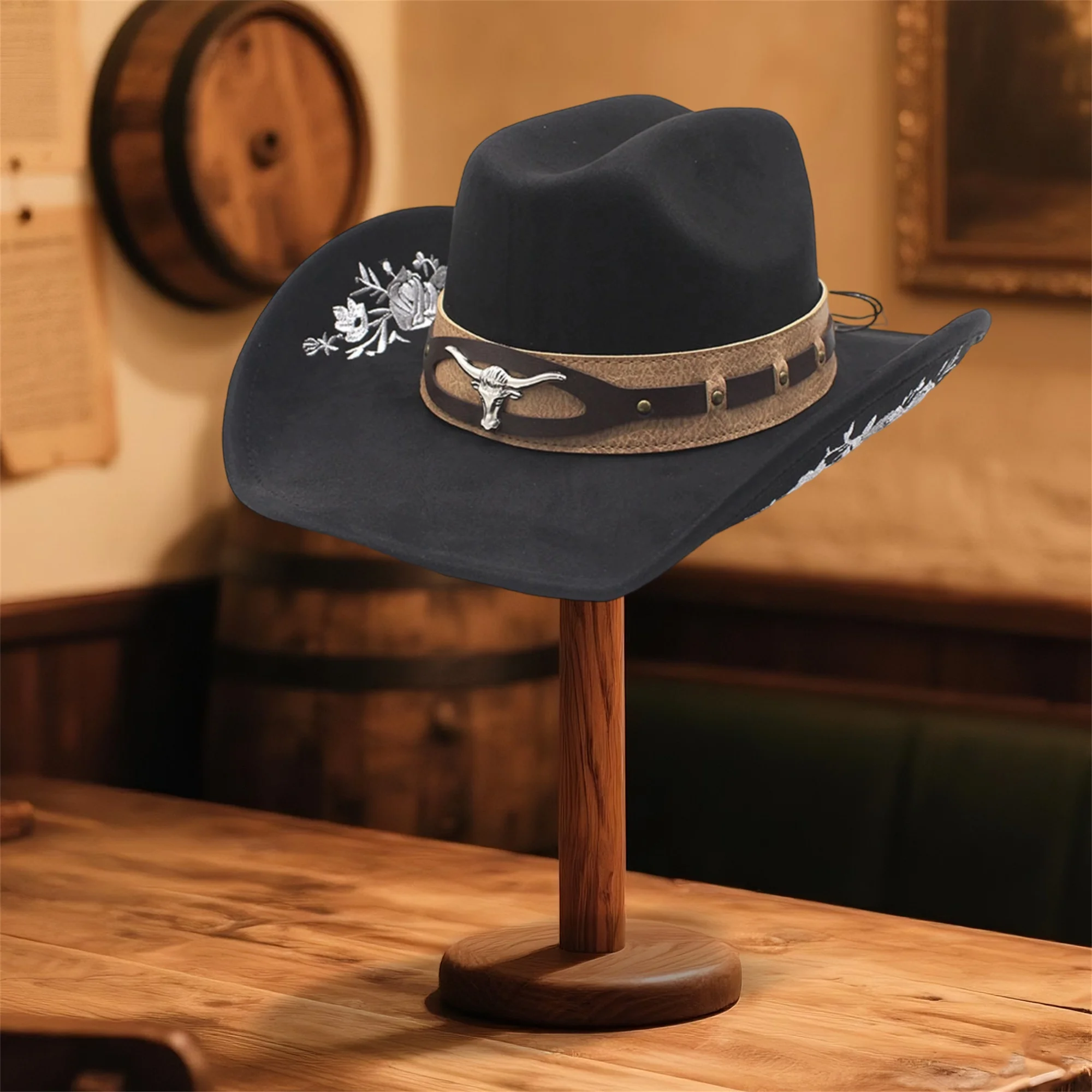 Vintage Leather Cowboy Hat with Concho Band and Feather Detail for Women Men Wide Brim Western Cap for Rodeo and Music Festival