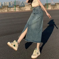 Summer Women High-waist Retro A- line Skirt Pockets Front Slit Washed Blue Denim Skirts Hip-covering Straight Long Jeans Skirt - Image 3