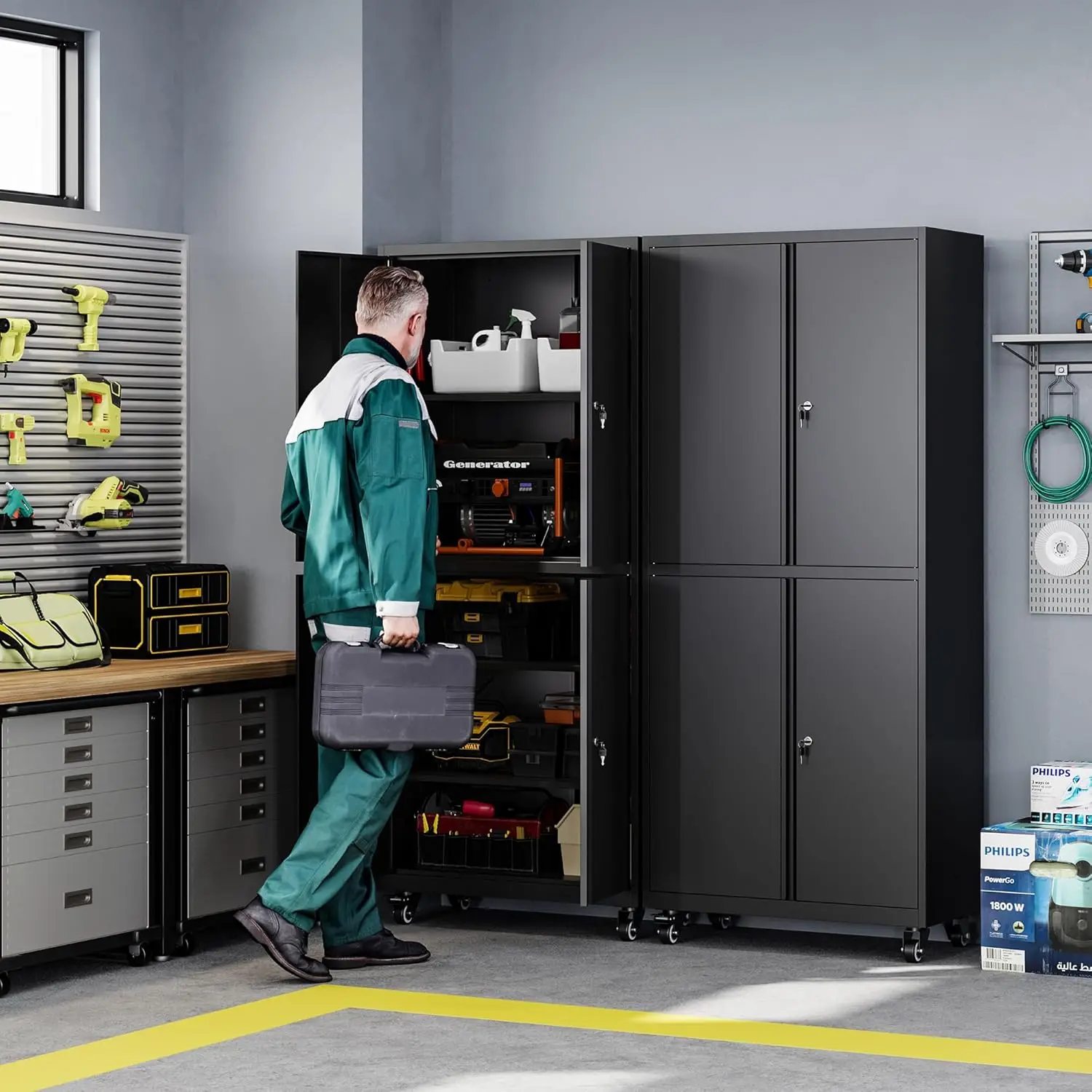 Metal Garage Storage Cabinet with Wheels,Steel Tool Rolling Cabinets with Lock Door and Adjustable Shelves fro Home 2
