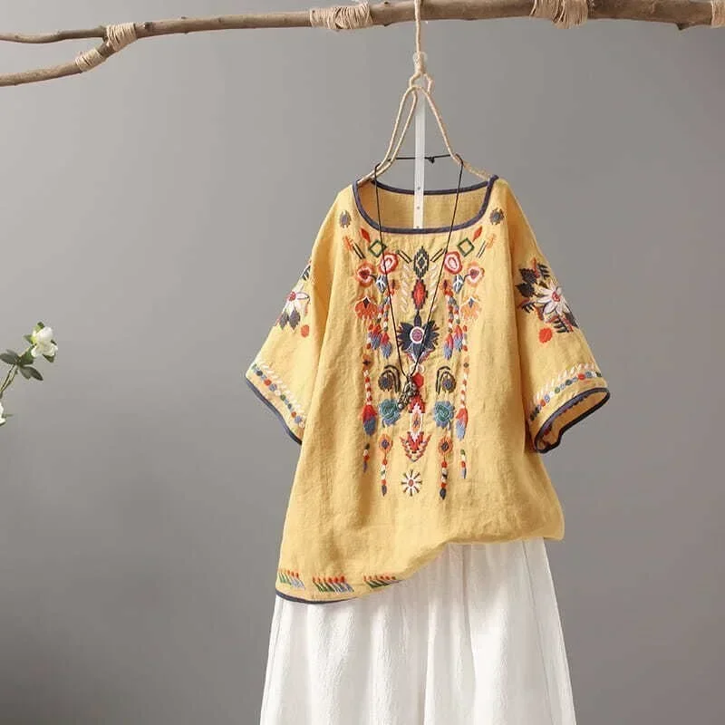 2024New Luxury Embroidery Floral Tees Women Chinese Style Classic Loose Shirts Casual Vintage O Neck Short Sleeve Summer Blouse