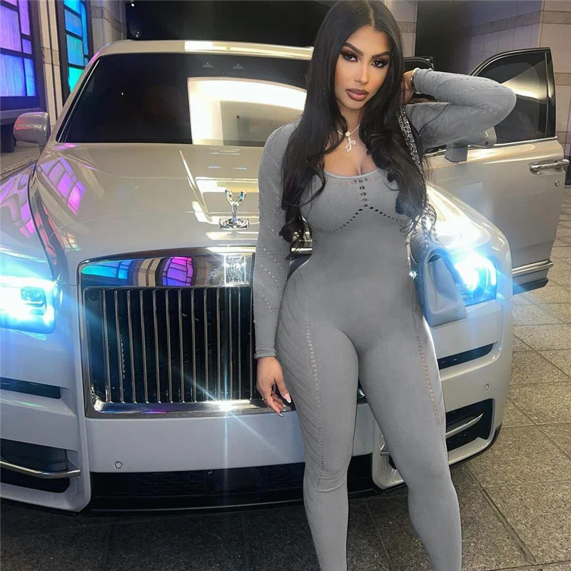 

Zabrina Casual Long Sleeve Jumpsuit Women Summer Sexy Mesh Hollow Out Skinny Tight Sporty Fitness One Piece Black Jumpsuits