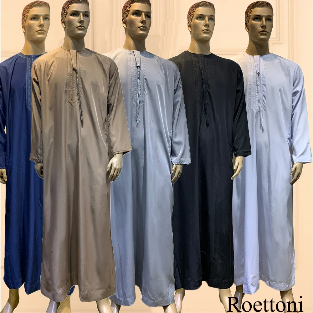 Men Muslim Long Sleeve Islamic Arab Kaftan Saudi Jubba Abaya Thobe Long Robe Top 