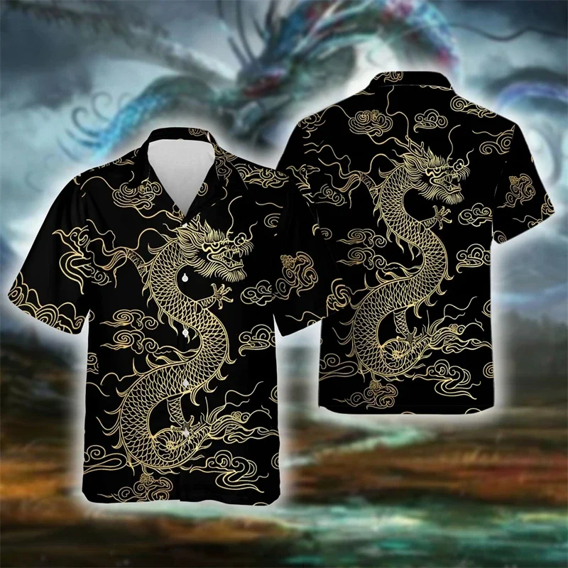 

2024 New Shirt Men's Printed Dragon Element Fashion Chinese Dragon Flip Collar Shirt Hip Hop Men's Casual Short sleeved Shirt