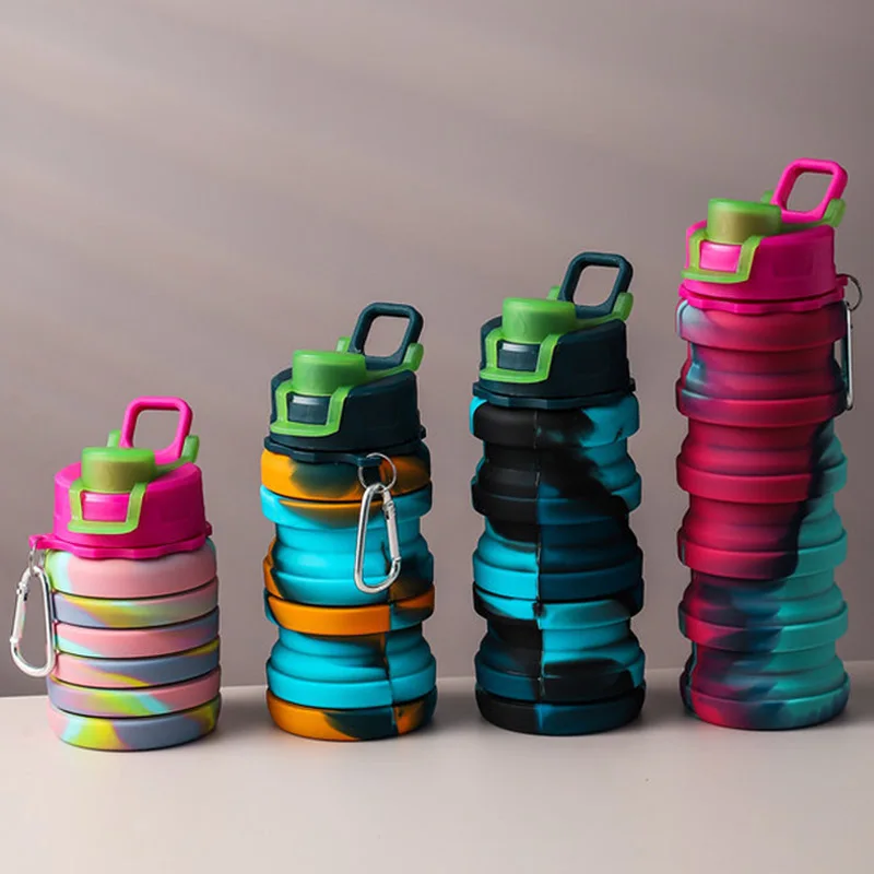 Outdoor Sports Silicone Foldable Water Bottle Camouflage Creative Travel Reusable Leakproof Water Bottle Carabiner water bottle sports water bottle sports bottle