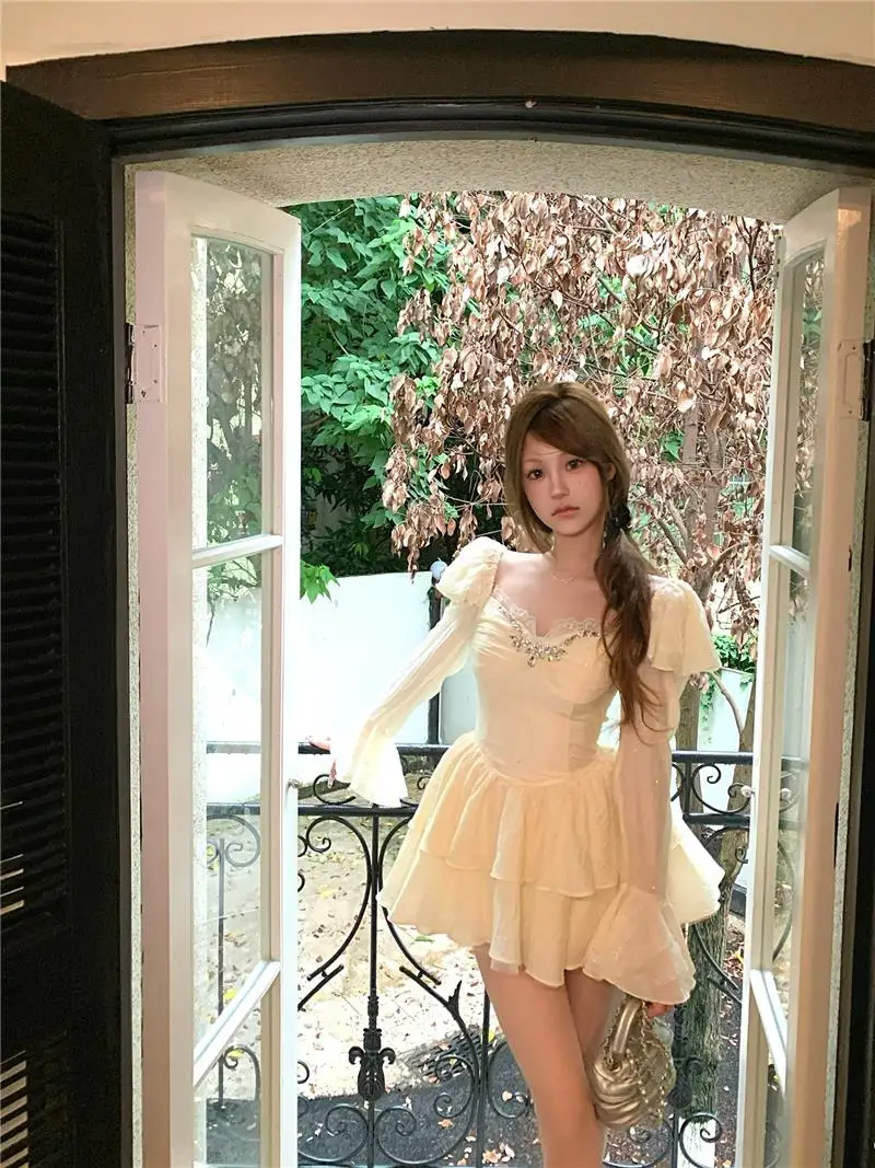 Y2K Black Short Dresses for Women Diamonds Square Collar Flare Sleeve High Waist A-line Birtheday Party Dress Prom Mini Vestidos