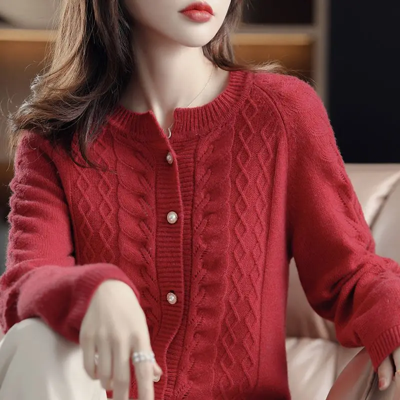

Women's Autumn Winter Fashion Solid Color Round Neck Button Hollow Versatile Long Sleeved Loose Sweater Knitted Cardigan Tops