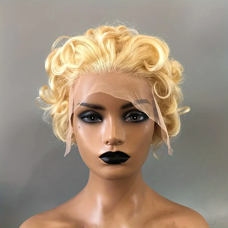 613 Blonde Human Hair Wigs curly pixie human hair Wig 13X1 Transparent Lace Wig Pixie Cut For Women Human Hair 150% density