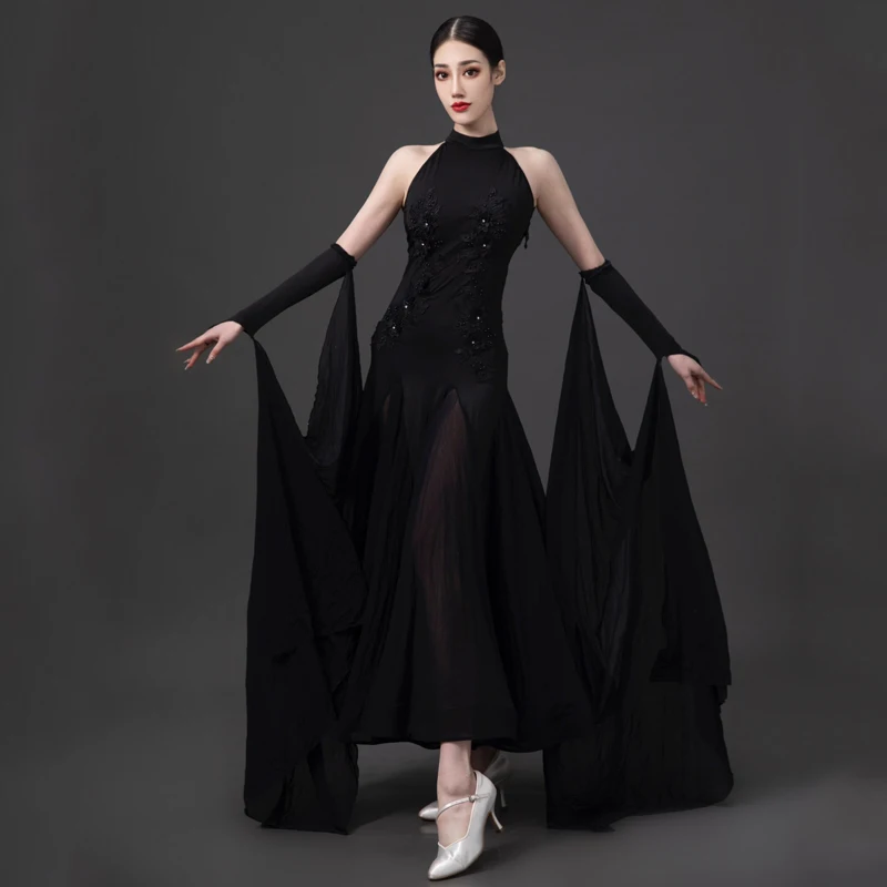 

2023 New Ballroom Dance Dress For Women Black Sexy Backless Floating Sleeved Dress Chacha Rumba Modern Dance Clothing DN14907