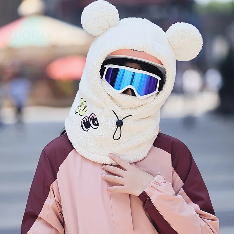 3D Bear Ear Skiing Helmet Cover Panda Skiing Plush Hats Comfortable Soft Wool Winter Outdoors Cute Riding Mask Keep Warm Caps 4