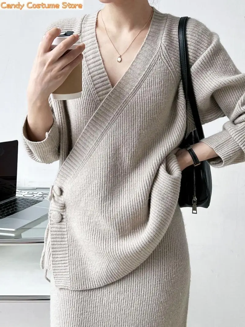 Women Korean Knitted Dress 2 Pieces Sets Knit V-Neck Cardigan Top Dress Set Casual Lazy Commuter Women Clothesnew Autumn Winter