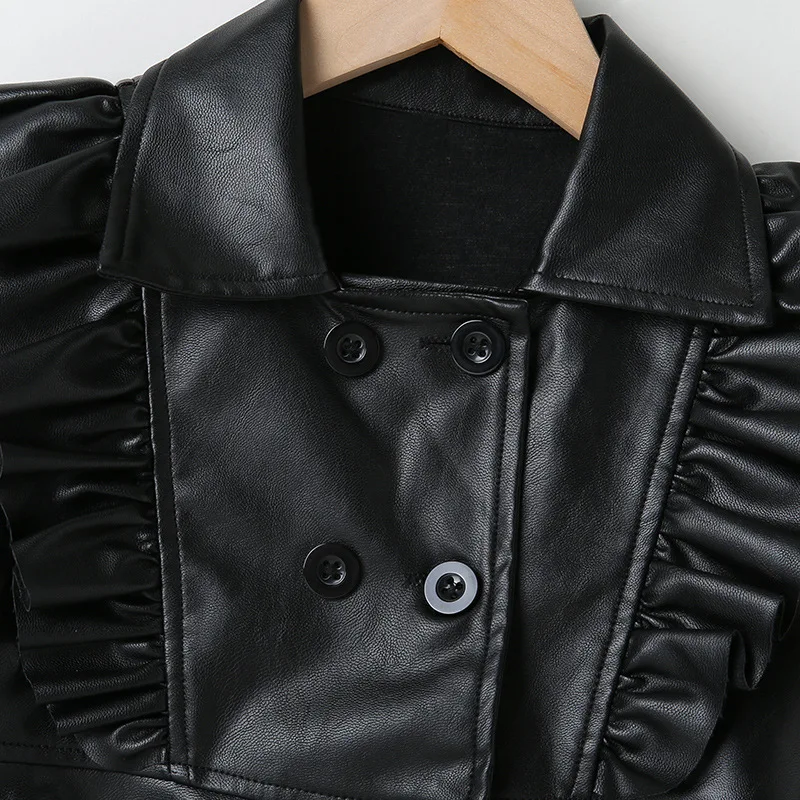 Fashion Baby Girls PU Leather Jacket Ruffle Infant Toddle Trench Coat Kid Windbreaker Spring Autumn Baby Girl Clothes 1-8Y