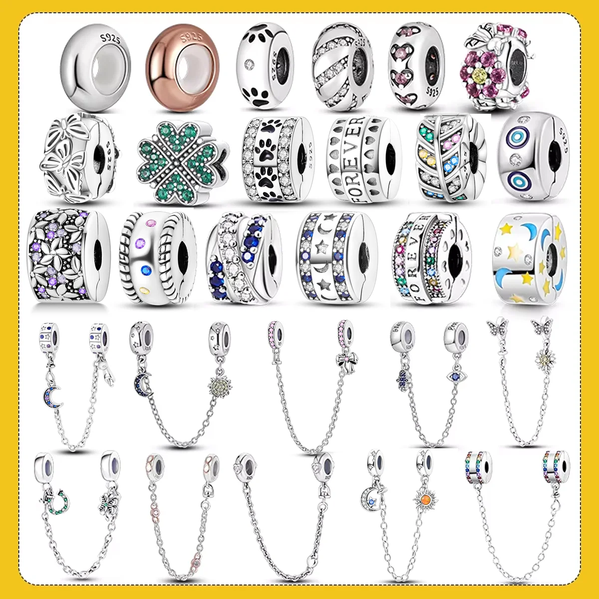 Entretoise de fermoir en argent 925, perles de clip pavées CZ, breloques en silicone, bouchon d'espacement, convient au bracelet original, bijoux