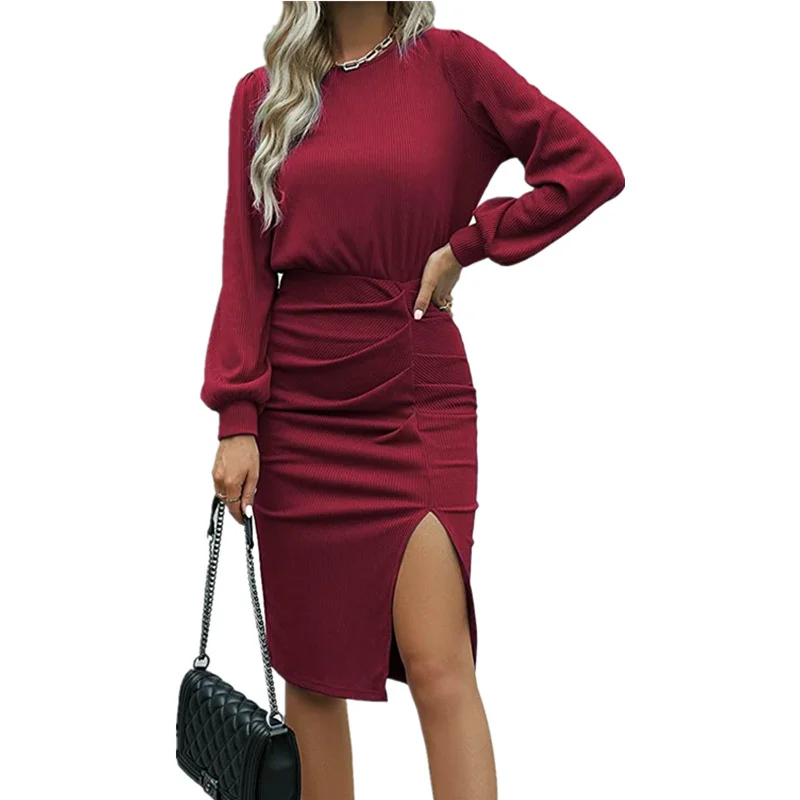 

Fashion Threaded Knitted Cotton Lantern Long Sleeve Hip Dress Ladies Commuter Sexy Split Dresses Solid Colour Women's Clothing