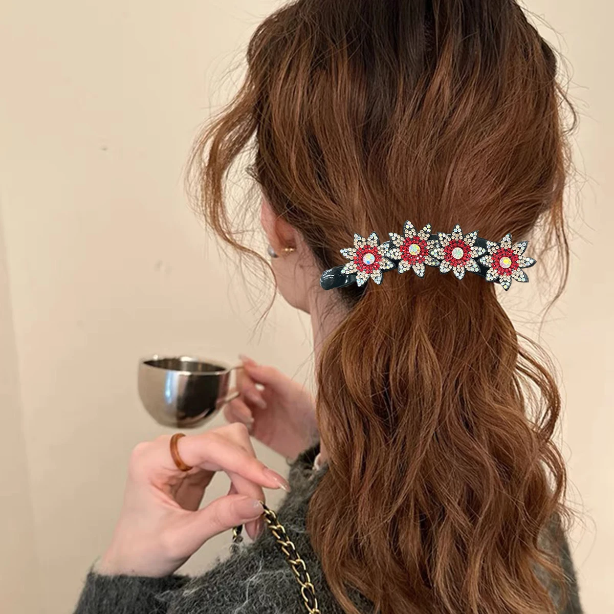 Rhinestone Flower Banana Clip Ponytail Hairpin Ladies Elegant Hair Bun Hair Clips Shiny Simple Headwear Hair Accessories