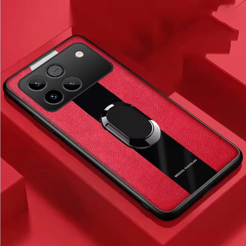 Plexiglass PU Leather Phone Case with Magnetic Metal Ring Stand and Shockproof Protection