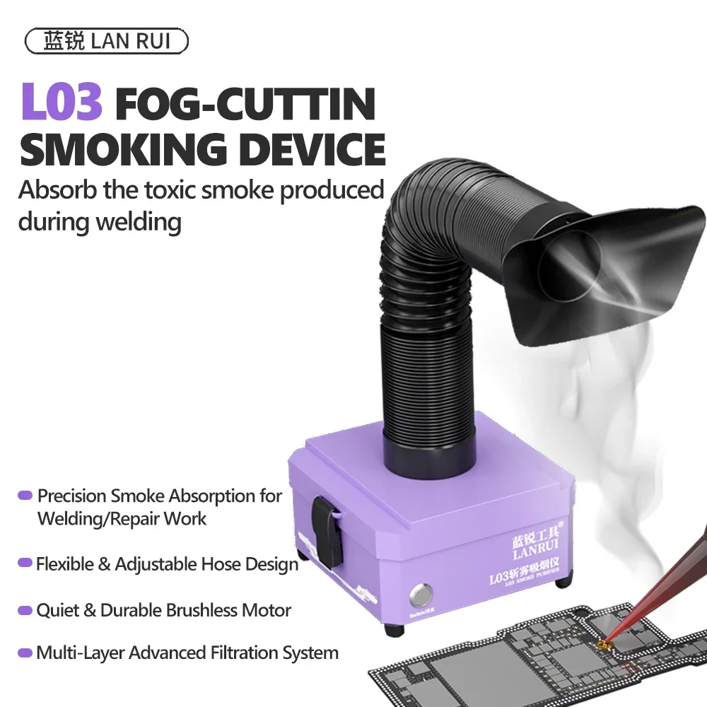 Estrattore di Fumo Lanrui L03 con Filtrazione a Tre Strati per Riparazione di Telefoni Cellulari, Strumento per Estrazione Fumi da Saldatura PCB