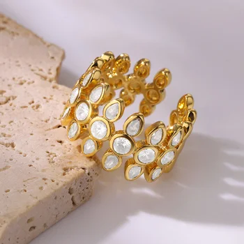 White Zircon Geometric Ring for Women Gold Stainless Steel Adjustable Wedding Jewelry Gift