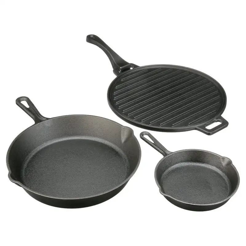 

Cast Iron Skillet Set with Handles and Griddle, Pre-seasoned, 6", 10.5", 11"