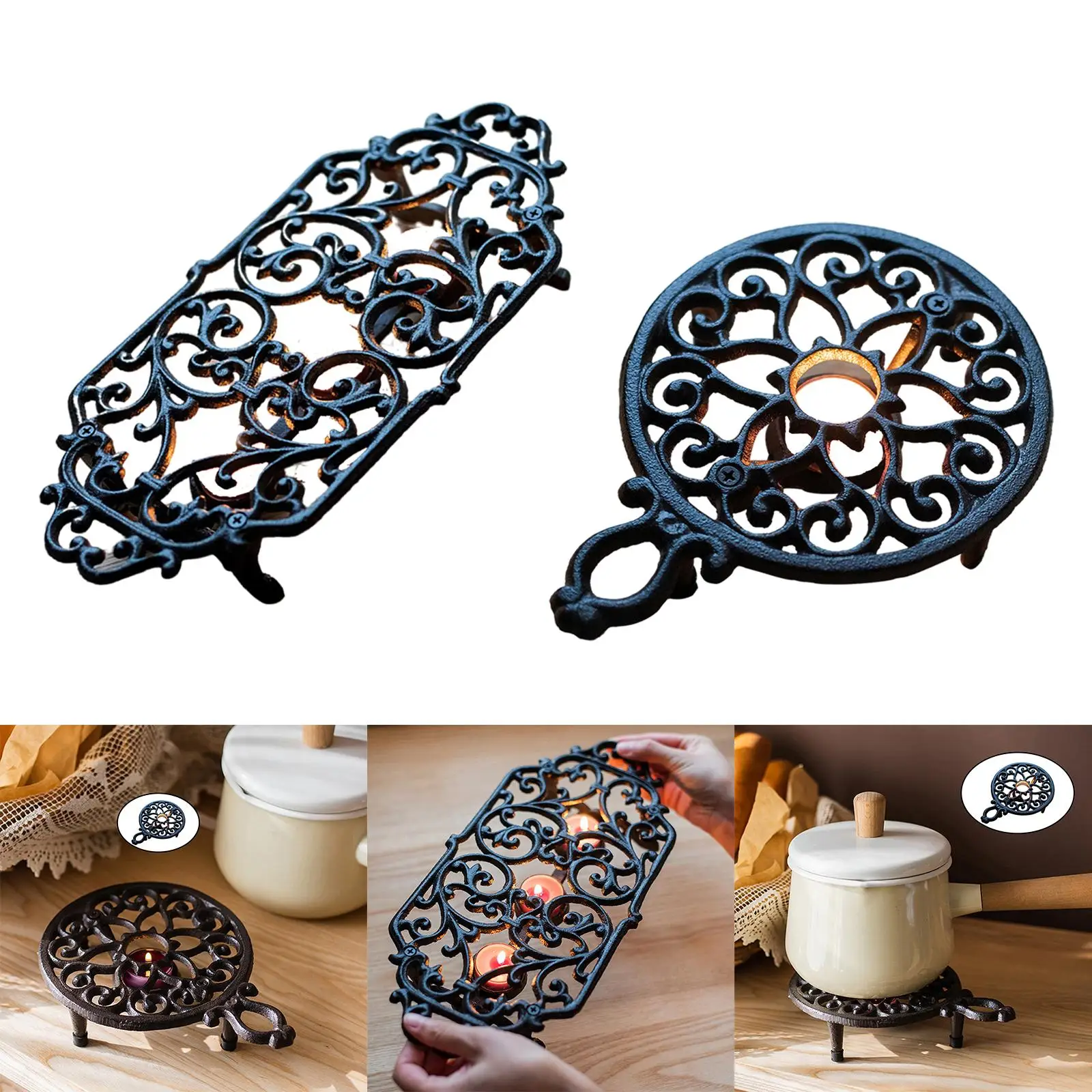 Vintage Cast Iron Tea Lite Food Dish Serving Warmer w/ Handles Round/Square