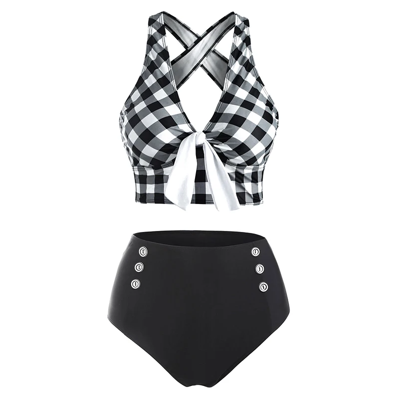 Women's Tummy Control Tankini Set Swimsuit Plaid Print Swimwear Crisscross Mock Button Knotted Summer Beach Bathing Suit bikini set women swimwear