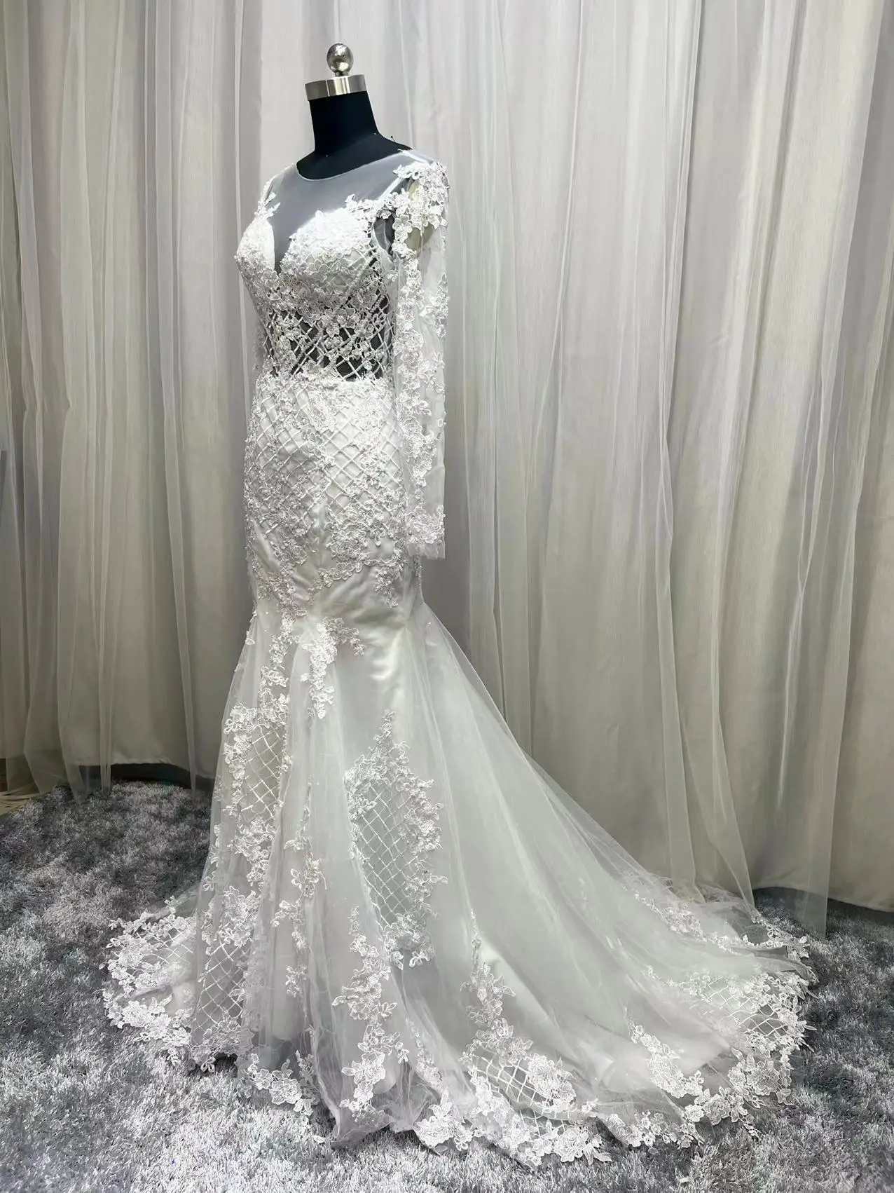 Customized Lace Appliques Wedding Dress Mermaid Illusion Vestido De Noiva  Long Sleeve Sheer Neck Real Photo Bridal Gowns - AliExpress 320