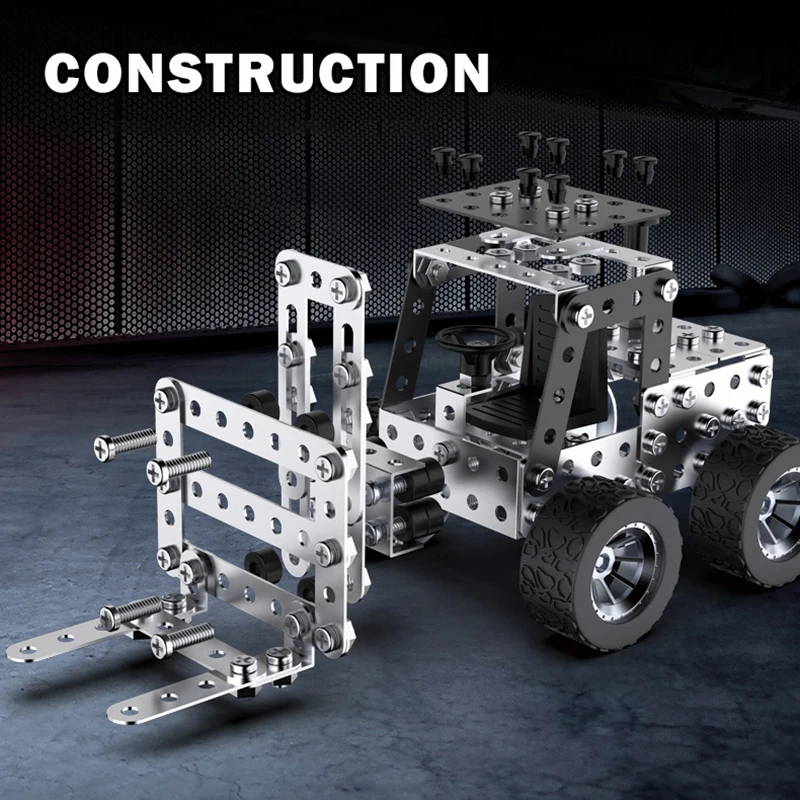 Assemble Toy Building Block Toy Metal Assembly Block Toy Simulation Forklift Excavator Car Model Children DIY Screws And Nuts Assembly Vehicle Boys Gifts