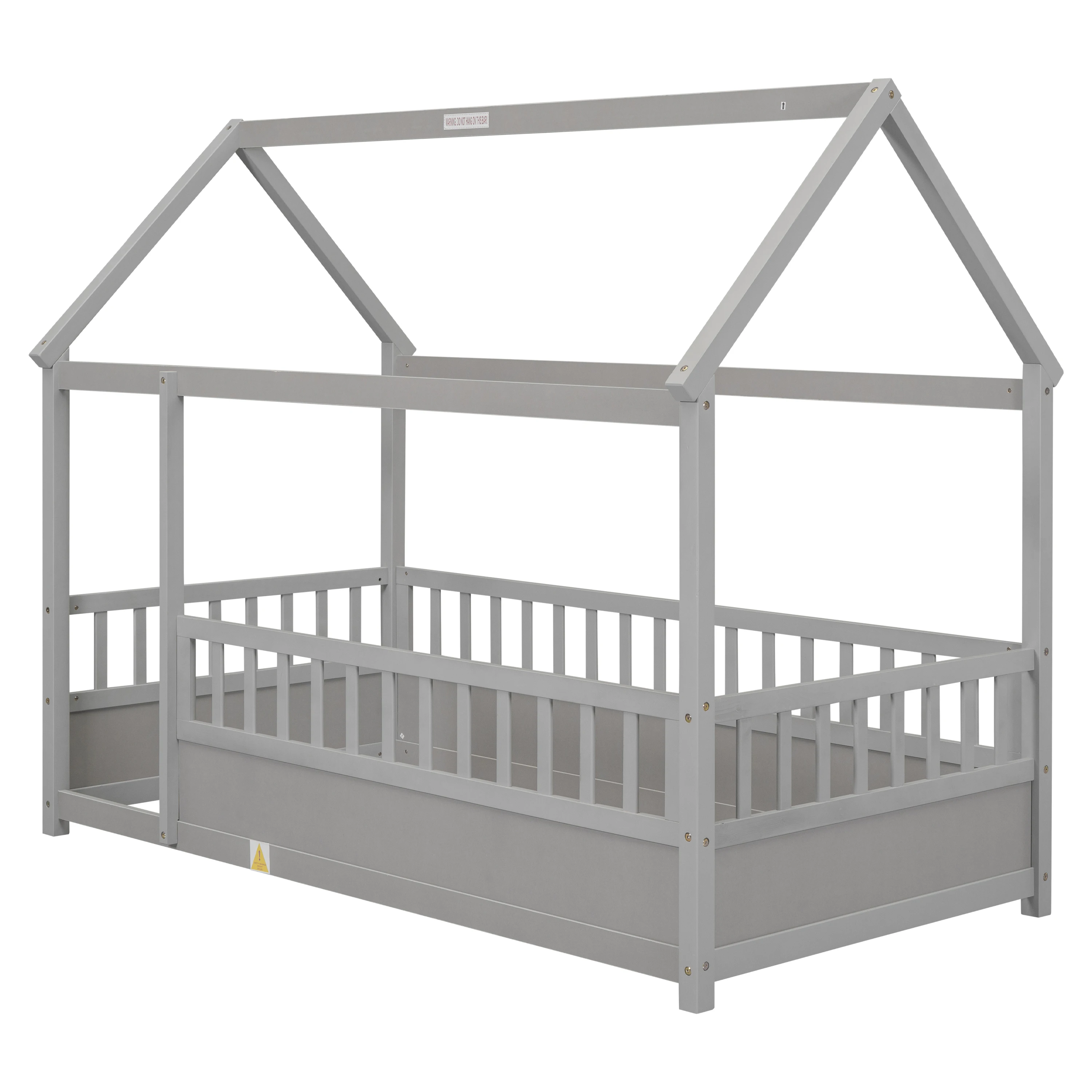 

Twin Size Floor Wooden Bed with House Roof Frame, Fence Guardrails,Grey
