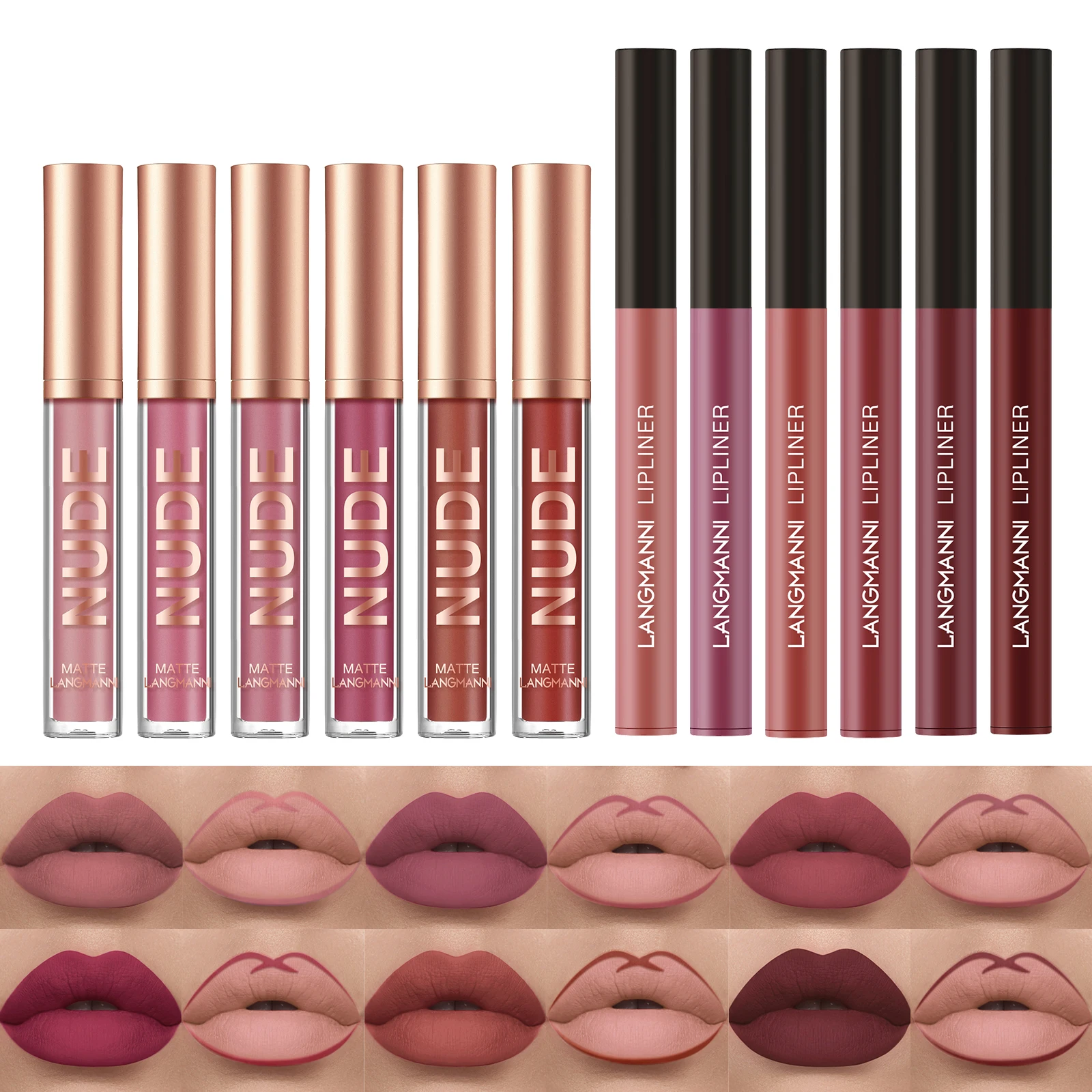 2 Piece Lip Gloss Lip Liner Set Matte Finish Non stick Cup Long Lasting Color Liner Combo Defined Lips