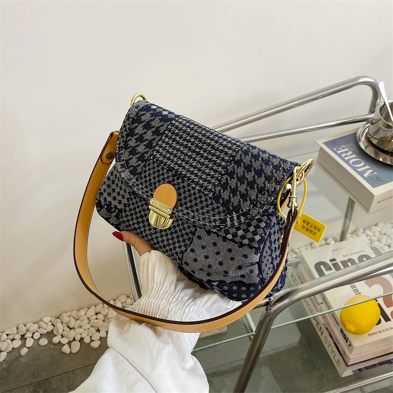 Luxury Designer Jeans Bag Vintage Houndstooth Pattern Women \'s Shoulder Bag Flap Zipper Denim Handbag Underarm Bag Shopper Tote
