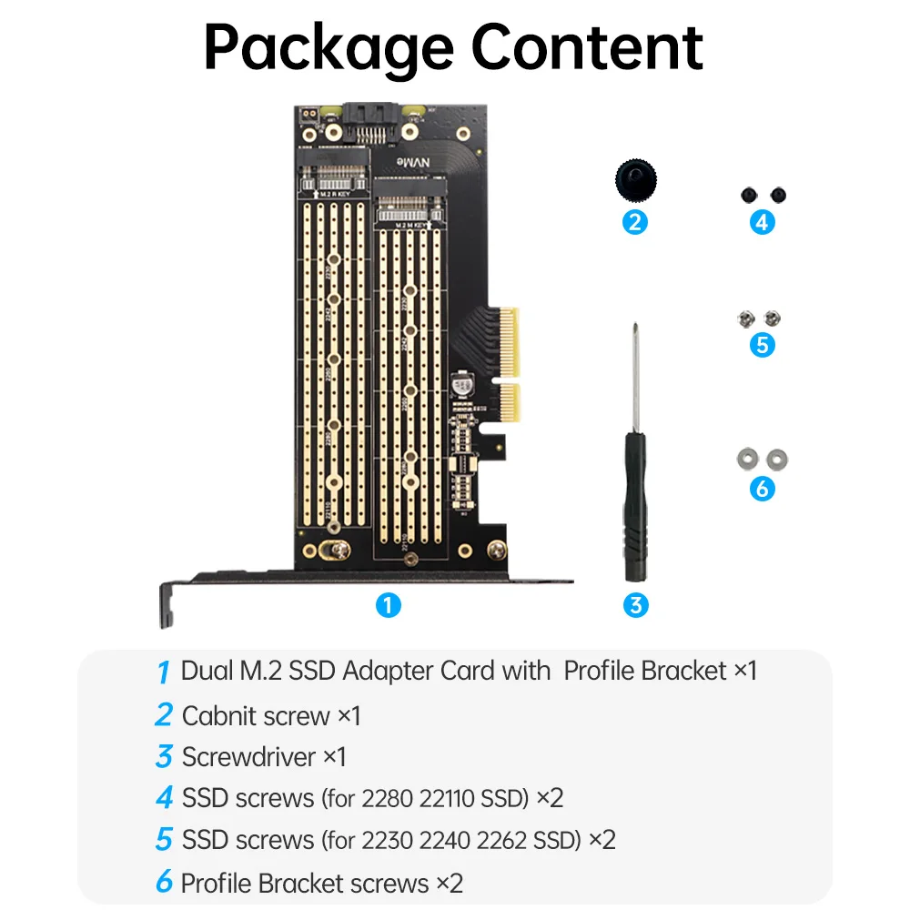 M.2 to PCIe Adapter JEYI SK6 M.2 Dual PCIE 4.0 NVMe / NGFF SSD NVME (m Key) and SATA (b Key) SSD to PCIe x4 X8 X16 Slot