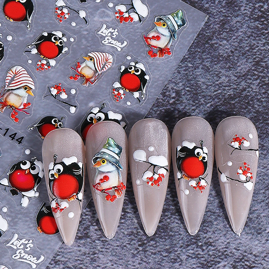 2pcs Christmas Embossed 3D Nail Stickers Cute Robin Bird Snowflake Holly Xmas Tree Adhesive Nail Decals DIY Manicure Decoration