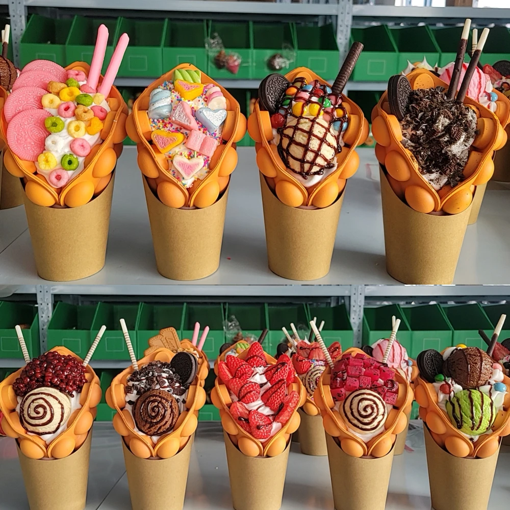 Fruits Bubble Waffle Model Ice Cream Order Display Sample Decoration Artificial Plastic Street Snacks Long Life Whipped Cream food model kitchen food toys