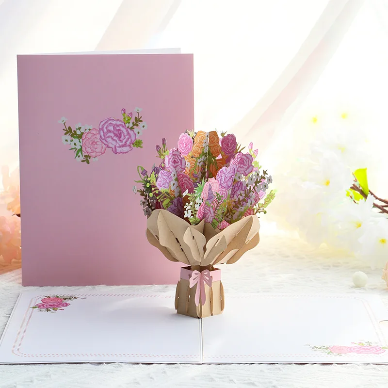 Valentine's Day 3D Card Embroidery Carnation Bouquet Paper Carving Creative Gratitude Blessing Message Envelope Cardboard