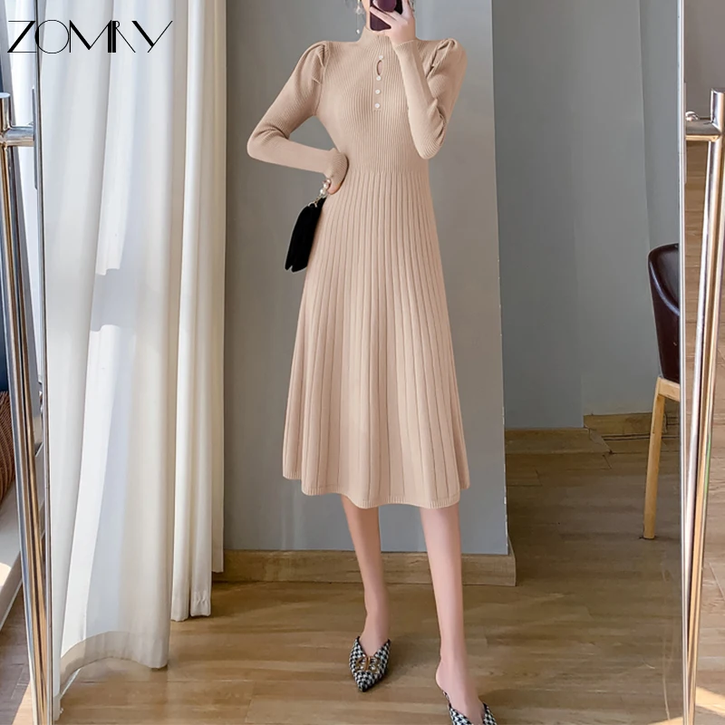 

ZOMRY Autumn Winter New Soft Elegant High Collar Knitted Dress Solid Simple Women's Clothing Robe Casual Warm Party Evening Wear