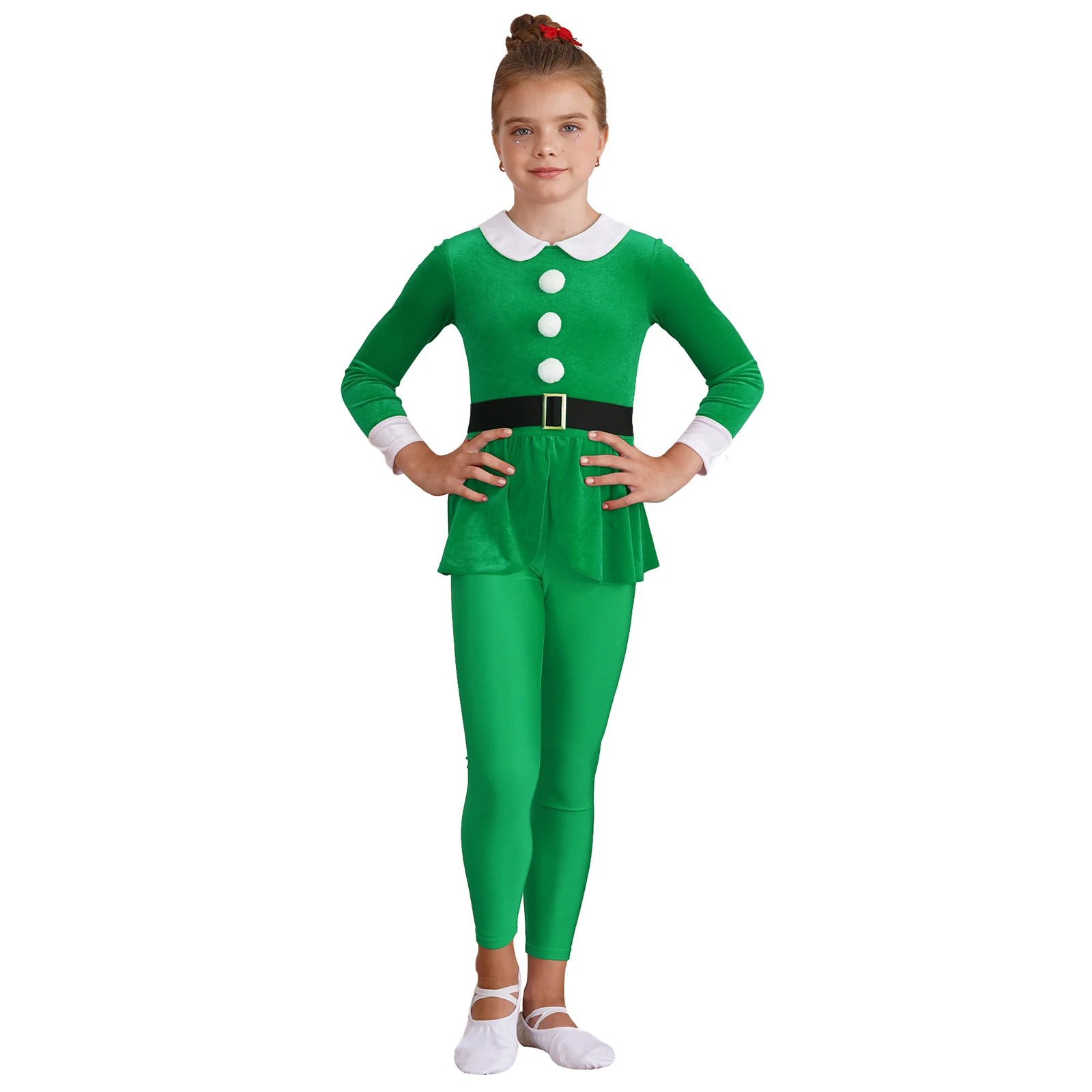 

Kids Girls Elf Christmas Costume Halloween Cosplay Xmas Party Santa Claus Bodysuit Long Sleeve Pompom Jumpsuit with Waistband