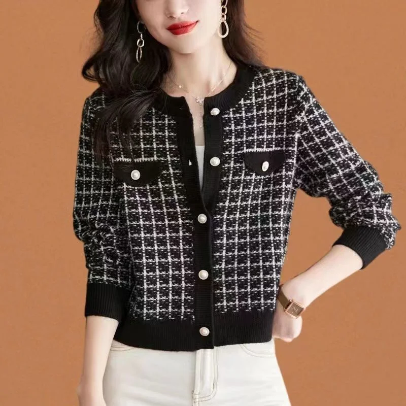 

Female High-end Small Fragrance Coat Ladies Cardigan Spring 2023 New Short Plaid Jacket Temperament Women Loose Wool Sweater Top