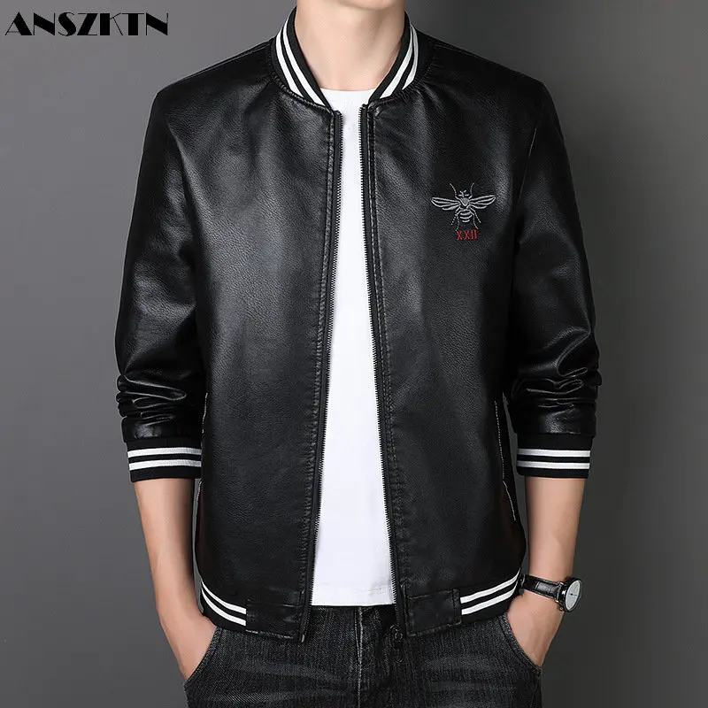 

ANSZKTN Foreign trade leather coat men's coat spring and autumn leather jacket men's popular slim thin fashion trend embroidery